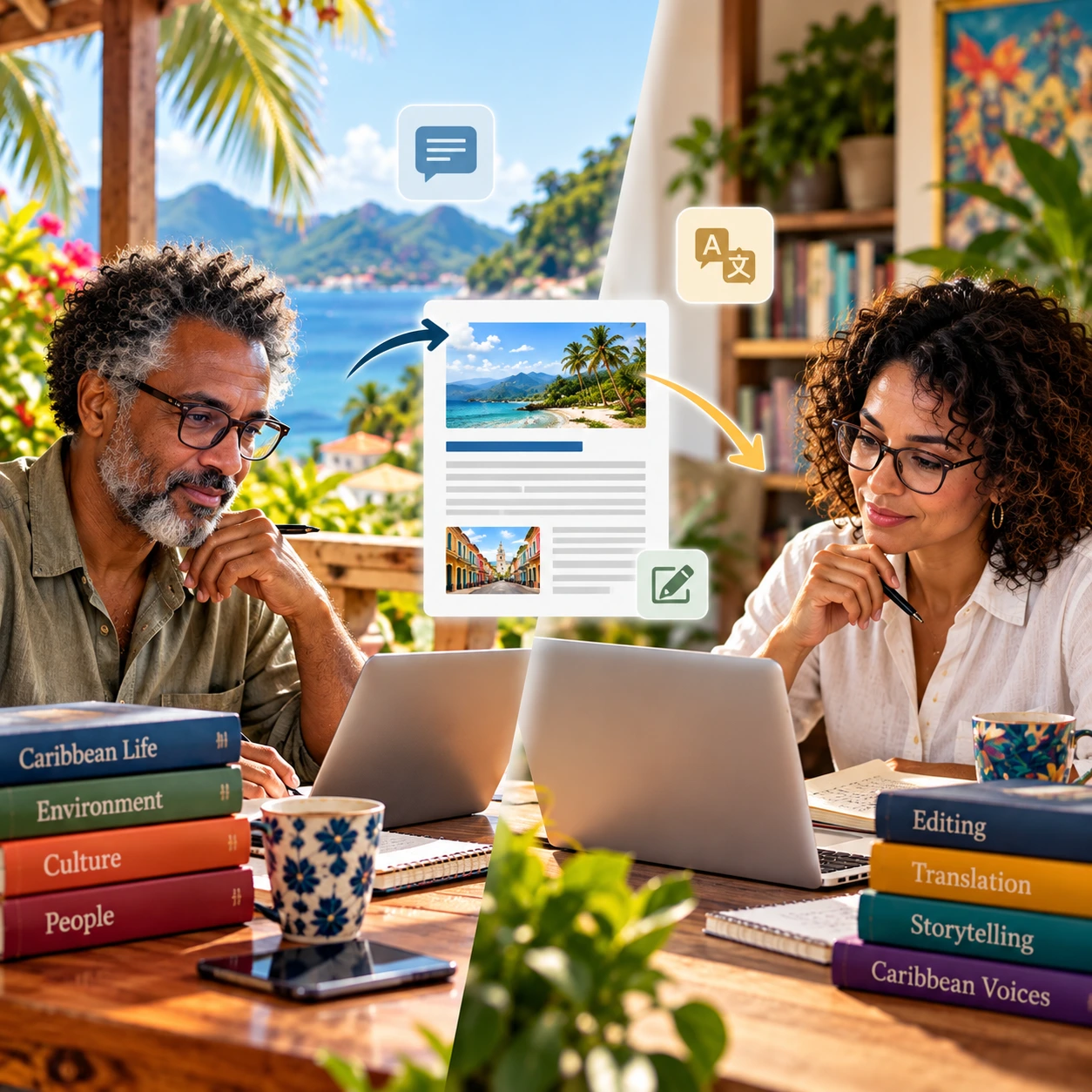Caribbean writer and editor collaborating on a story across screens