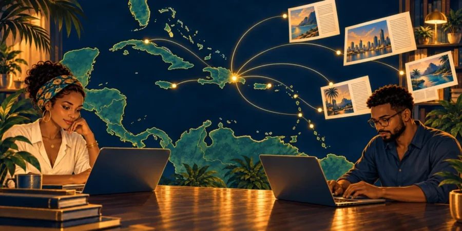 Caribbean writers working on laptops, with publishing connections illustrated across a Caribbean map.